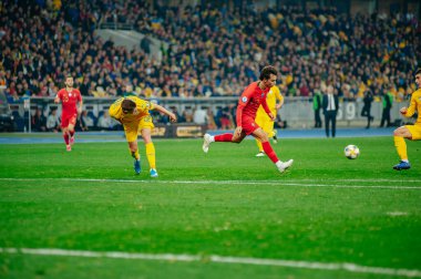 Kyiv, Ukrayna - 14 Ekim 2019: Portekiz milli takımı Joao Felix 'in Ukrayna Olimpiyat Stadyumu' nda oynanan karşılaşma sırasında oynadığı duygusal portresi