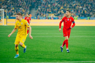 Kyiv, Ukrayna - 14 Ekim 2019: Portekiz milli takımının kaptanı ve forveti Cristiano Ronaldo, EURO 2020 ile Ukrayna Olimpiyat Stadyumu arasındaki ön eleme maçında