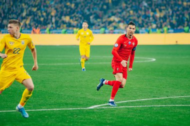 Kyiv, Ukrayna - 14 Ekim 2019: Portekiz milli takımının kaptanı ve forveti Cristiano Ronaldo, EURO 2020 ile Ukrayna Olimpiyat Stadyumu arasındaki ön eleme maçında