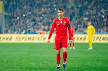 Kyiv, Ukrayna - 14 Ekim 2019: Portekiz milli takımının kaptanı ve forveti Cristiano Ronaldo, EURO 2020 ile Ukrayna Olimpiyat Stadyumu arasındaki ön eleme maçında