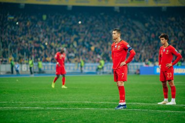 Kyiv, Ukrayna - 14 Ekim 2019: Portekiz milli takımının kaptanı ve forveti Cristiano Ronaldo, EURO 2020 ile Ukrayna Olimpiyat Stadyumu arasındaki ön eleme maçında