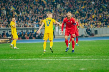 Kyiv, Ukrayna - 14 Ekim 2019: Portekiz milli takımının kaptanı ve forveti Cristiano Ronaldo, EURO 2020 ile Ukrayna Olimpiyat Stadyumu arasındaki ön eleme maçında