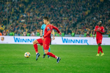 Kyiv, Ukrayna - 14 Ekim 2019: Portekiz milli takımının kaptanı ve forveti Cristiano Ronaldo, EURO 2020 ile Ukrayna Olimpiyat Stadyumu arasındaki ön eleme maçında