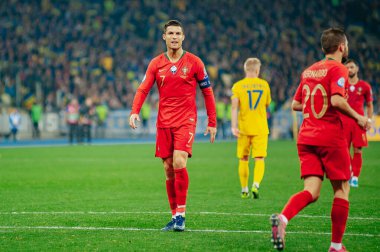 Kyiv, Ukrayna - 14 Ekim 2019: Portekiz milli takımının kaptanı ve forveti Cristiano Ronaldo, EURO 2020 ile Ukrayna Olimpiyat Stadyumu arasındaki ön eleme maçında