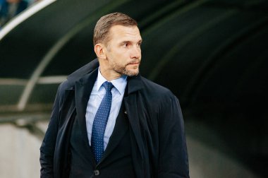 Kyiv, Ukrayna - 14 Ekim 2019: Andriy Shevchenko, Ukrayna milli futbol takımının teknik direktörü (teknik direktörü) EURO 2020 - Portekiz Olimpiyat Stadyumu karşılaşması öncesinde