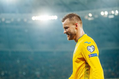 Kyiv, Ukrayna - 14 Ekim 2019: Andrey Yarmolenko Avrupa 2020 Ukrayna - Portekiz Olimpiyat Stadyumu karşılaşmasını kazandı