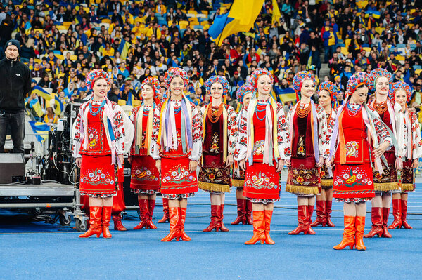 Kyiv, Ukraine - October 14, 2019: Beautiful lady singers of Ukraine national choir before the match of qualify round Euro 2020 Ukraine vs Portugal at the Olympic Stadium