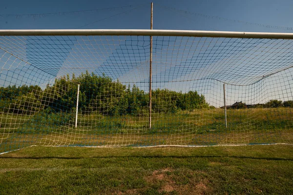 Ποδόσφαιρο Και Δίχτυ Ποδοσφαίρου Ιδέα Του Ποδοσφαίρου Στάδιο Village — Φωτογραφία Αρχείου