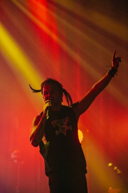KHARKIV, UKRAINE - 29 Ekim 2019: Rasmus 'tan Lauri Ylonen Frontman. Dead Letters yıldönümü konseri