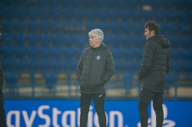 Kharkiv, Ukrayna - 10 Aralık 2019: Gian Piero Gasperini UEFA Lig şampiyonları Atalanta - Shakhtar