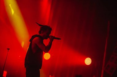 KHARKIV, UKRAINE - 29 Ekim 2019: Rasmus 'tan Lauri Ylonen Frontman. Dead Letters yıldönümü konseri