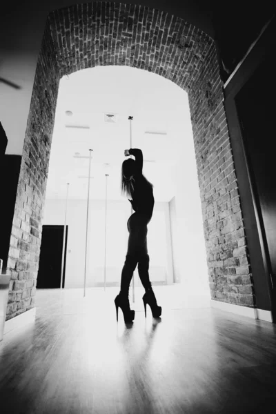 Žena Baletní Tanečnice Černém Těle Pózuje Baletním Studiu Koncept Uměleckého — Stock fotografie