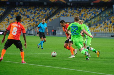 KHARKIV, UKRAINE - 5 Ağustos 2020: Lig Europa Shakhtar - Wolfsburg maçında aksiyon. Halka açık etkinliklere izin var. CV salgını sırasında Avrupa sporu.