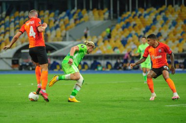 KHARKIV, UKRAINE - 5 Ağustos 2020: Lig Europa Shakhtar - Wolfsburg maçında aksiyon. Halka açık etkinliklere izin var. CV salgını sırasında Avrupa sporu.