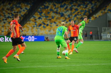KHARKIV, UKRAINE - 5 Ağustos 2020: Lig Europa Shakhtar - Wolfsburg maçında aksiyon. Halka açık etkinliklere izin var. CV salgını sırasında Avrupa sporu.