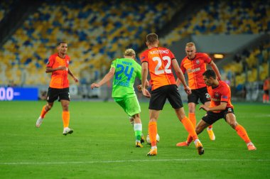 KHARKIV, UKRAINE - 5 Ağustos 2020: Lig Europa Shakhtar - Wolfsburg maçında aksiyon. Halka açık etkinliklere izin var. CV salgını sırasında Avrupa sporu.
