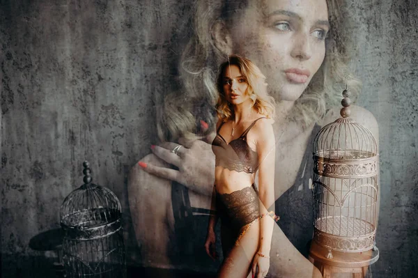 Blond Woman Black Lingerie Double Exposure Photo Art Photography — Stock Photo, Image