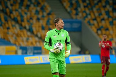 Lviv, Ukrayna - 03 Eylül 2020: UEFA Uluslar Ligi Ukrayna - İsviçre maçı sırasında Andriy Pyatov
