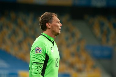 Lviv, Ukrayna - 03 Eylül 2020: UEFA Uluslar Ligi Ukrayna - İsviçre maçı sırasında Andriy Pyatov
