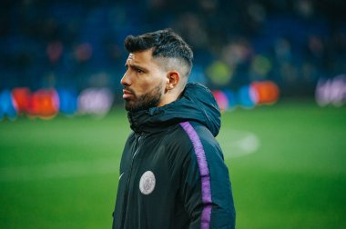 KHARKIV, UKRAINE - 23 Ekim 2018: Serhio Aguero, yakın plan portre. Eşleşme. UEFA Şampiyonlar Ligi Beetween Shakhtar Donetsk ve Manchester City OSK Metalist Stadyumu.