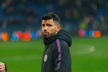 KHARKIV, UKRAINE - 23 Ekim 2018: Serhio Aguero, yakın plan portre. Eşleşme. UEFA Şampiyonlar Ligi Beetween Shakhtar Donetsk ve Manchester City OSK Metalist Stadyumu.