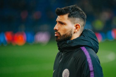 Kharkiv, Ukrayna - 23 Ekim 2018: Metalist stadyumda Sergio Aguero ile Manchester City maçından sonra