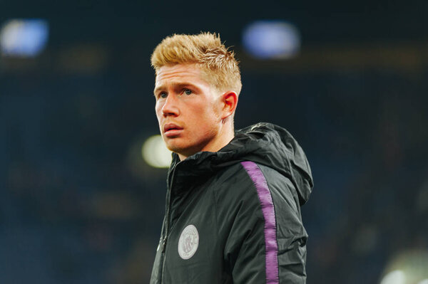 KHARKIV, UKRAINE - OCTOBER 23, 2018: Kevin De Bruyne, closeup portrait. Match. UEFA Champions League beetween Shakhtar Donetsk and Manchester City on OSK Metalist stadium.