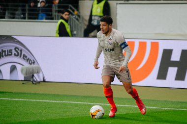 FRANKFURT AM MAIN, ALMANY - 21 Şubat 2019: Taison Freda, Shakhtar Donetsk forveti. Futbol stadyumu Commerzbank Arena, UEFA Avrupa Ligi karşılaşması