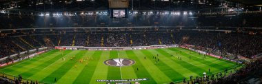 FRANKFURT AM MAIN, GERMANY - 21 Şubat 2019: UEFA Ligi Europa Eintracht-Shakhtar Donetsk maçından önce futbol kulübü Eintracht Frankfurt 'un evi olan Commerzbank Arena futbol stadyumu