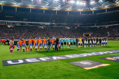FRANKFURT AM MAIN, GERMANY - 21 Şubat 2019: Futbol stadyumu Commerzbank Arena, futbol kulübü Eintracht Frankfurt, maç UEFA Ligi Europa Eintracht - Shakhtar Donetsk
