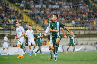 Zaporizha, Ukrayna - 29 Ağustos 2019: Wu Lei, RCD Espanyol ile Zorya arasında oynanan UEFA Avrupa Ligi karşılaşmasında Slavutich Arena 'da oynamaktadır.