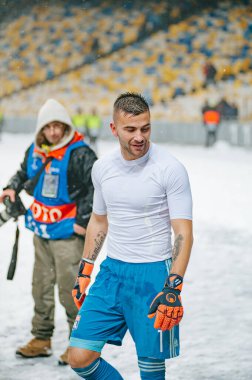 KIEV, UKRAINE - 12 Aralık 2018: Anthony Lopes, Shakhtar Donetsk ve Olympique Lyon arasındaki UEFA Şampiyonlar Ligi karşılaşmasını kutladı
