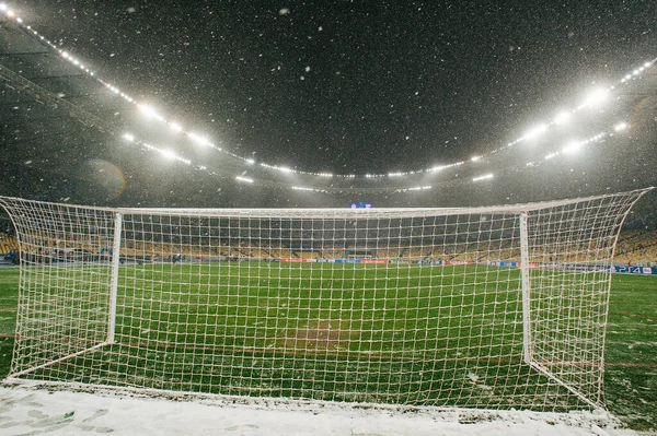 Kiev Ucrania Diciembre 2018 Campo Puerta Fútbol Snowfall Durante Partido — Foto de Stock