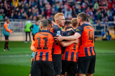 Kharkiv, Ukrayna - 7 Nisan 2019: FC Shakhtar Donetsk, Shakhtar Donetsk ve Dinamo Kyiv arasındaki Ukrayna Kupası zaferini kutladı
