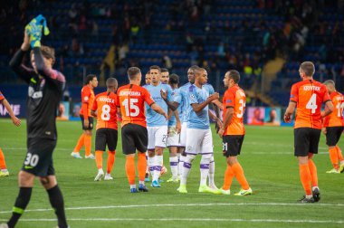 Kharkiv, Ukrayna - 18 Eylül 2019: Manchester City 'nin Bernardo Silva futbol oyuncusu UEFA Şampiyonlar Ligi maçı sırasında Metalist Stadyumu' nda Shakhtar 'a karşı