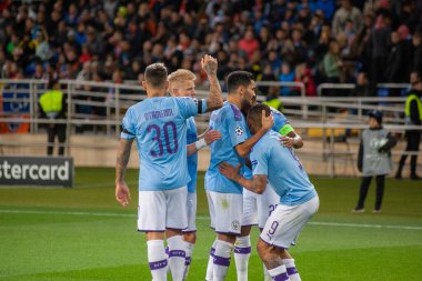 Kharkiv, Ukrayna - 18 Eylül 2019: Manchester City 'nin Bernardo Silva futbol oyuncusu UEFA Şampiyonlar Ligi maçı sırasında Metalist Stadyumu' nda Shakhtar 'a karşı
