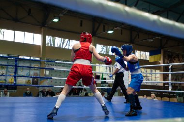 KHARKIV, UKRAINE - 2 Ekim 2020: 2020 Ukrayna Kadınlar Şampiyonlar Kupası sırasında ringde kız boksörler