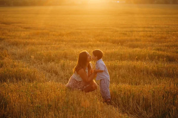 夏の日の日没時にフィールドに母親とかわいい陽気な子供の息子 家族の概念 — ストック写真
