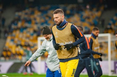 Kiev, UKRAINE - 14 Mart 2019: Dinamo Kiev, Ukrayna Chelsea, Londra, İngiltere arasındaki UEFA Avrupa Ligi maçı sırasında Olivier Giroud.