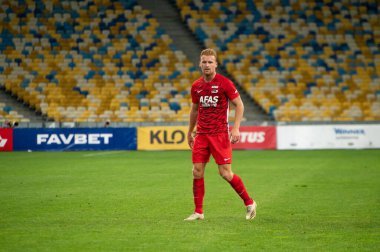 KYIV, UKRAINE - 15 Eylül 2020: UEFA Şampiyonlar Ligi maçı sırasında AZ Alkmaar Dani de Wit 'in oyuncusu Dinamo Kyiv' e karşı