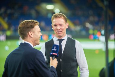 KHARKIV, UKRAINE - 19 Eylül 2018: TSG Hoffenheim baş antrenörü Julian Nagelsmann yakın plan portresi. Futbol karşılaşması UEFA Şampiyonlar Ligi 2018 FC Shakhtar - TSG Hoffenheim