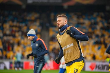 Kiev, UKRAINE - 14 Mart 2019: Dinamo Kiev, Ukrayna Chelsea, Londra, İngiltere arasındaki UEFA Avrupa Ligi maçı sırasında Olivier Giroud.