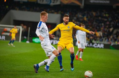 Kiev, UKRAINE - 14 Mart 2019: Dinamo Kiev, Ukrayna Chelsea, Londra, İngiltere arasındaki UEFA Avrupa Ligi maçı sırasında Olivier Giroud.
