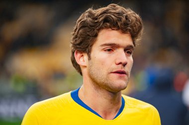 Kiev, UKRAINE - 14 Mart 2019: Dinamo Kiev, Ukrayna Chelsea, Londra, İngiltere maçında Marcos Alonso.