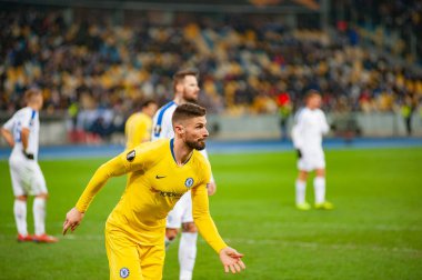 Kiev, UKRAINE - 14 Mart 2019: Dinamo Kiev, Ukrayna Chelsea, Londra, İngiltere arasındaki UEFA Avrupa Ligi maçı sırasında Olivier Giroud.