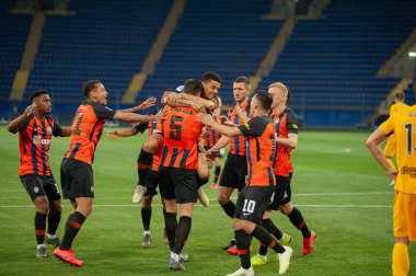 Kharkiv, Ukrayna - 11 Mayıs 2019: FC Shakhtar Donetsk Shakhtar Donetsk ve Olexandriya arasındaki maçın golünü kutladı