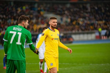 Kiev, UKRAINE - 14 Mart 2019: Dinamo Kiev, Ukrayna Chelsea, Londra, İngiltere arasındaki UEFA Avrupa Ligi maçı sırasında Olivier Giroud.