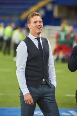 KHARKIV, UKRAINE - 19 Eylül 2018: TSG Hoffenheim baş antrenörü Julian Nagelsmann yakın plan portresi. Futbol karşılaşması UEFA Şampiyonlar Ligi 2018 FC Shakhtar - TSG Hoffenheim