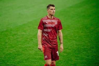 Lviv, Ukrayna - 03 Eylül 2020: UEFA Uluslar Ligi Ukrayna - İsviçre maçı sırasında Granit Xhaka