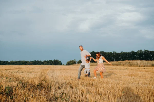 Lycklig Familj Leker Gräset Fältet Kvällen — Stockfoto